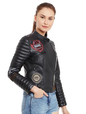 graphic patch quilted sleeved biker jacket - 15817658 - Standard Image - 2