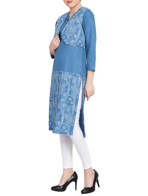 denim printed straight kurta - 15817924 - Standard Image - 2