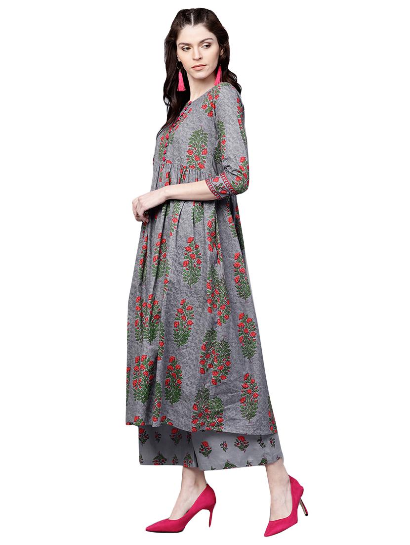 printed flared kurta with palazzo set - 15823600 - Zoom Image - 2