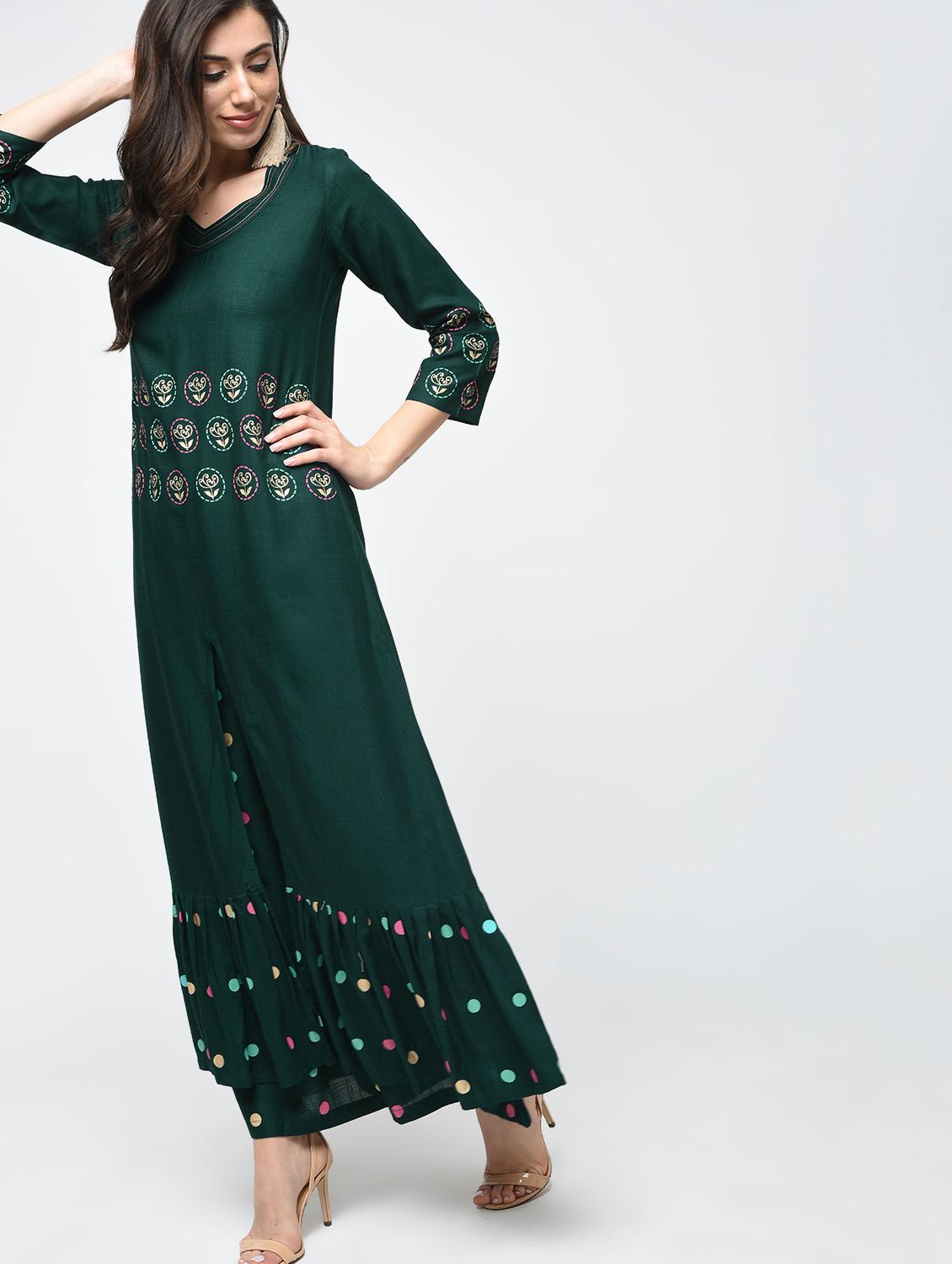 Printed ruffled kurta with pant set - 15827276 - Zoom Image - 2