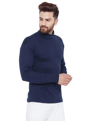 solid navy blue turtle neck t-shirt - 15831016 - Standard Image - 2