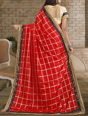 mirror lace border checkered red saree with blouse - 15835989 - Standard Image - 2