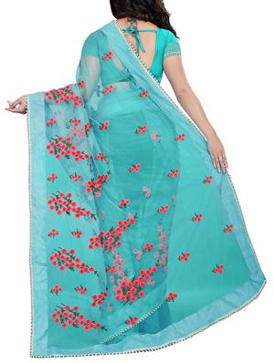 pearl border floral turquoise embroidered saree with blouse - 15838645 - Standard Image - 2