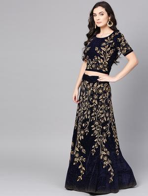 embroidered floral blue flared lehenga - 15839997 - Standard Image - 2