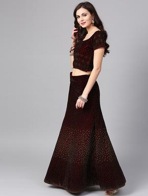 embellished maroon flared lehenga - 15839999 - Standard Image - 2