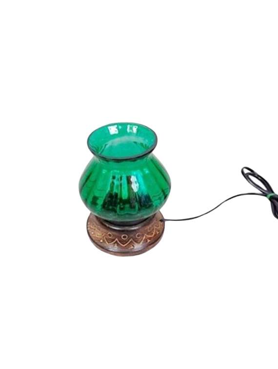 desi karigar wooden & glass hand carved colored electric chimney lamp design green