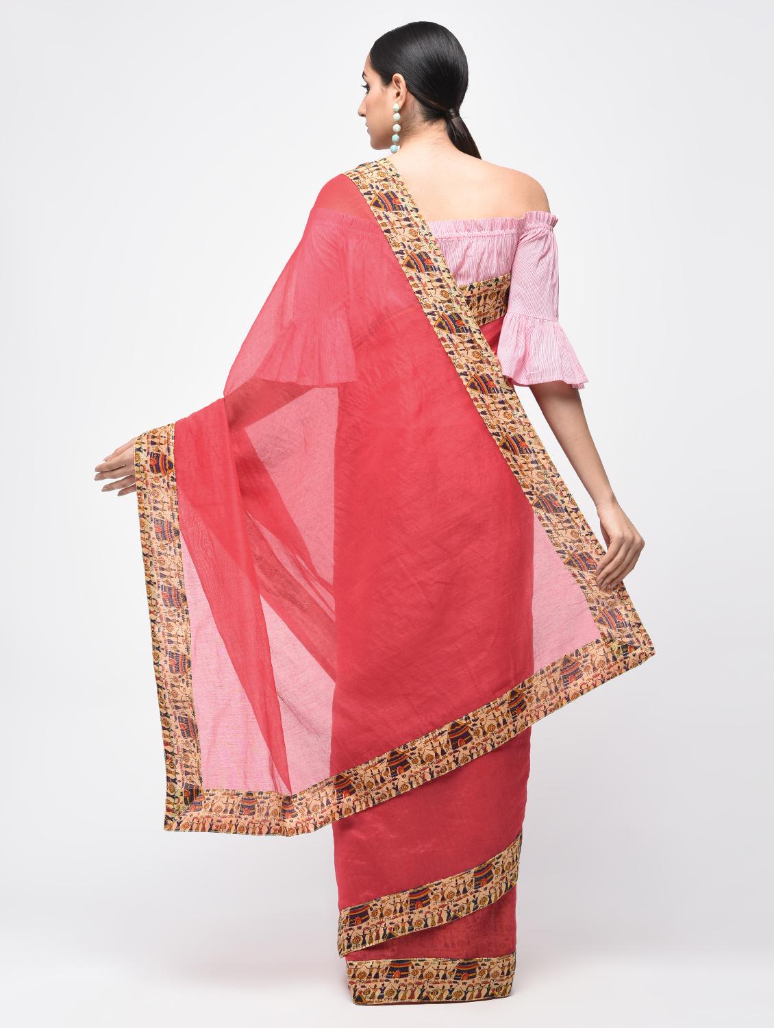 warli border red chanderi saree with blouse - 15846715 - Zoom Image - 2