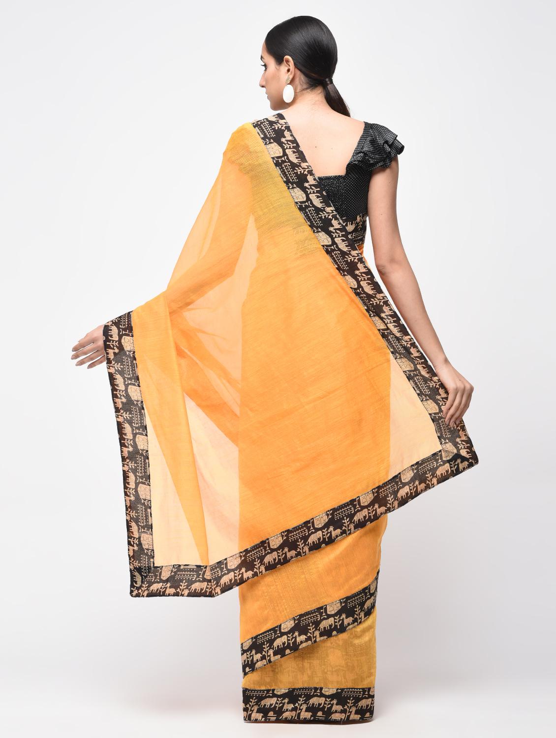 warli border orange chanderi saree with blouse - 15846722 - Zoom Image - 2