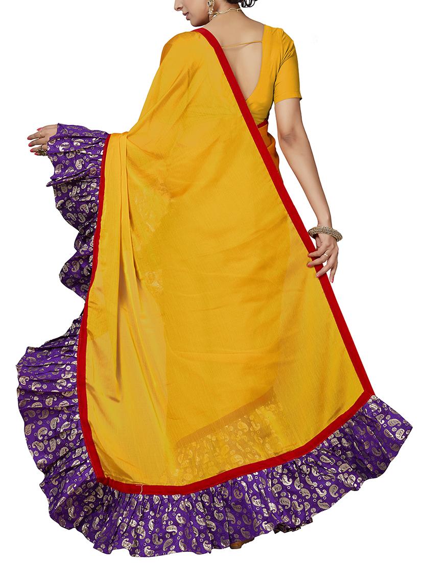 paisley ruffle border mustard saree with blouse - 15851617 - Zoom Image - 2