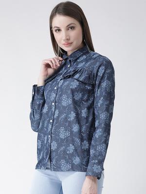 frill detail floral denim shirt - 15852323 - Standard Image - 2