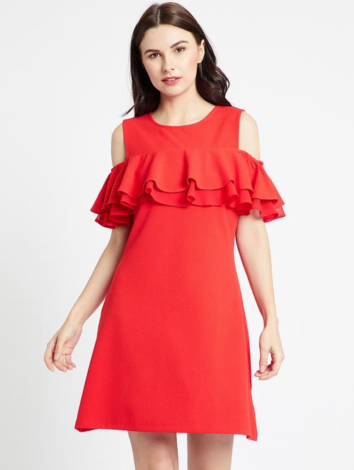 hot red ruffled cold shoulder dress - 15853258 - Standard Image - 1