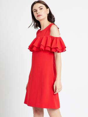 hot red ruffled cold shoulder dress - 15853258 - Standard Image - 2