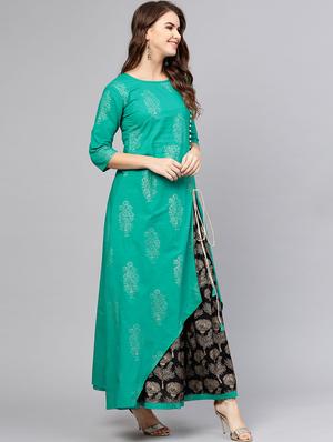 front slit drawstring kurta with foil printed skirt set - 15857269 - Standard Image - 2