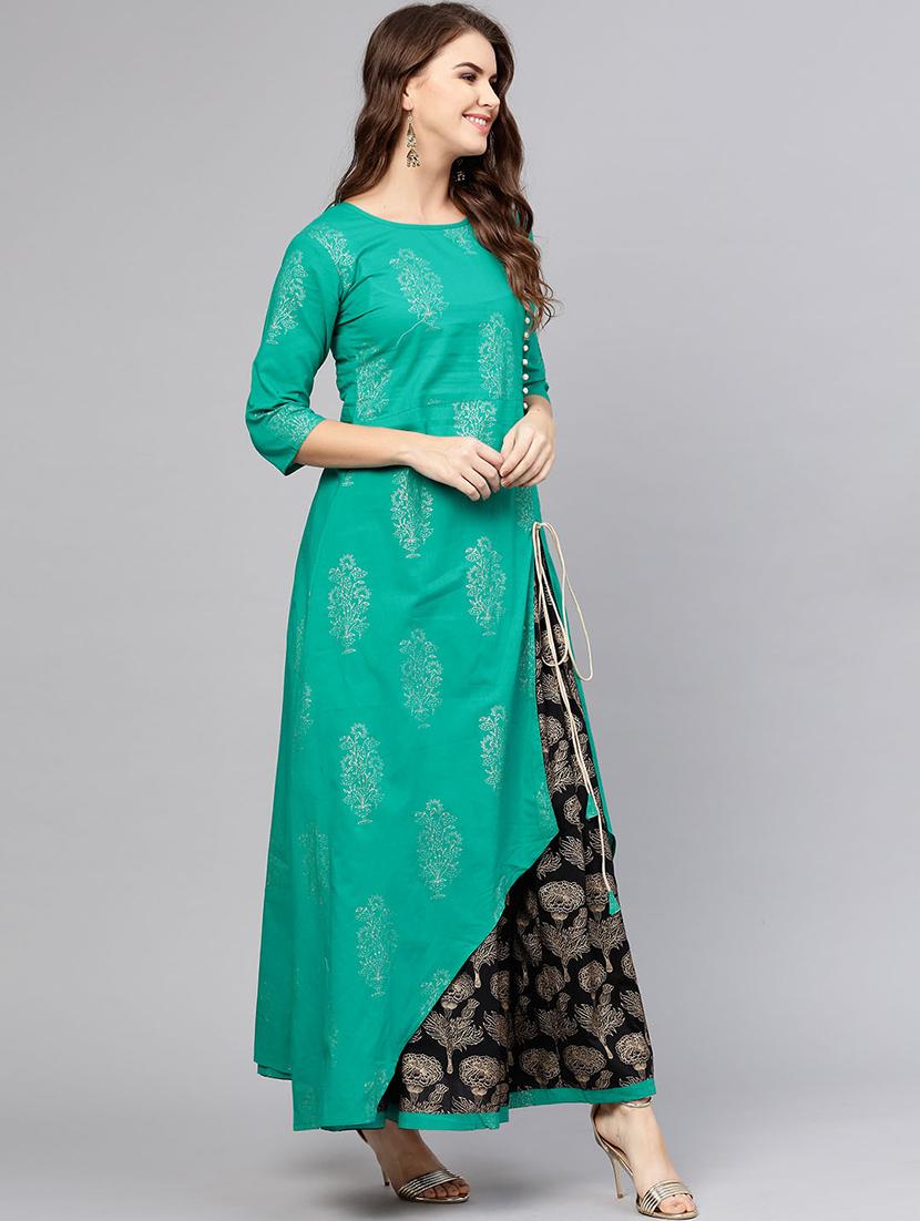 front slit drawstring kurta with foil printed skirt set - 15857269 - Zoom Image - 2