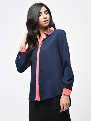 contrast detail embellished collared shirt - 15864345 - Standard Image - 2