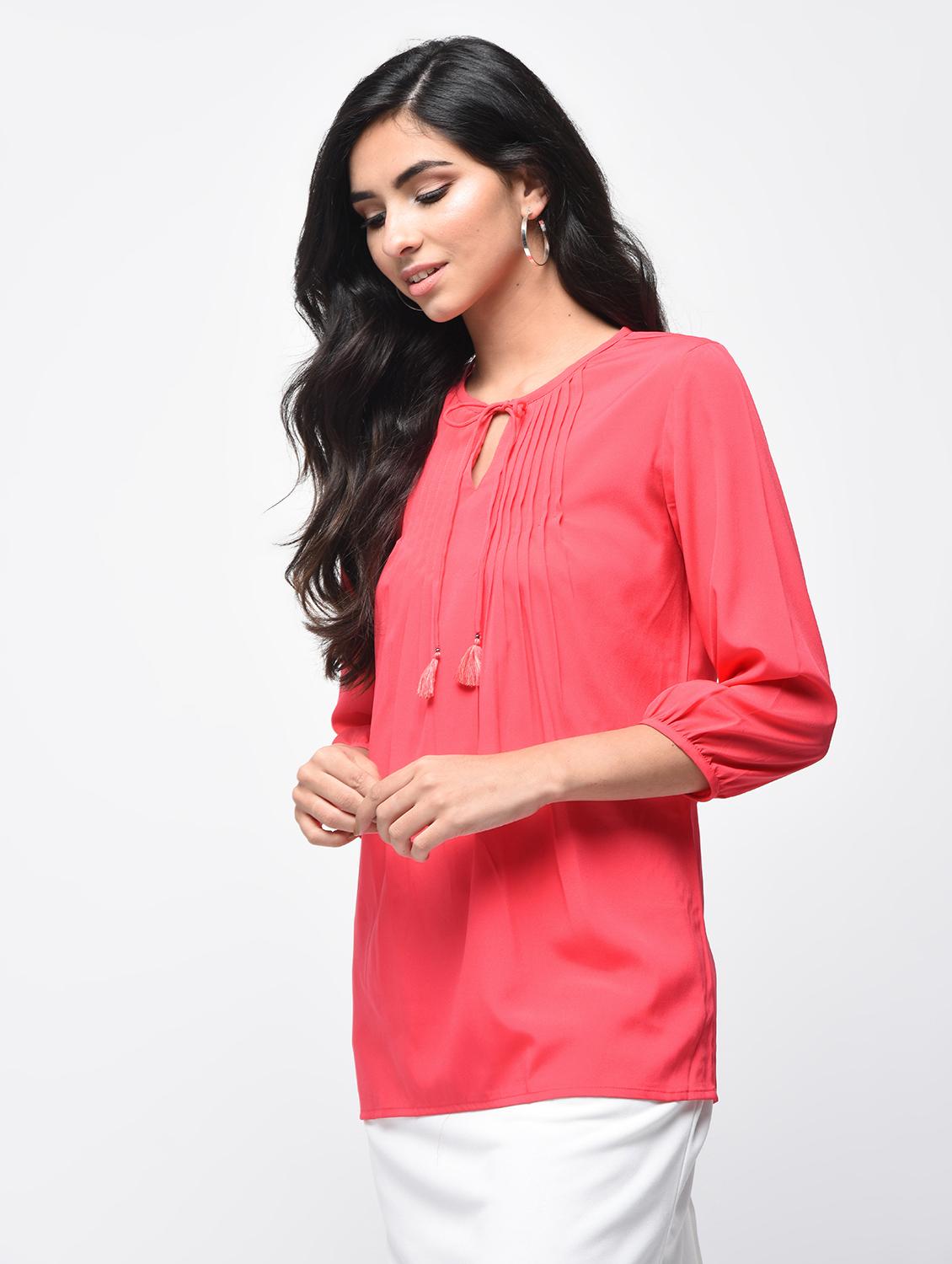 tie up neck pintucked top - 15864347 - Zoom Image - 2