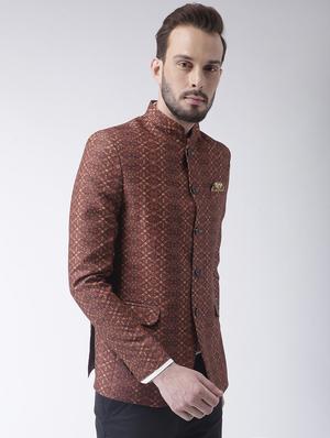 brown polyester single breasted bandhgala blazer - 15867774 - Standard Image - 2