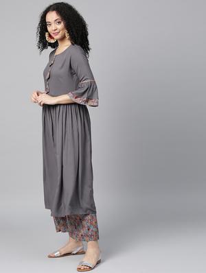 Solid flared kurta with palazzo set - 15871289 - Standard Image - 2