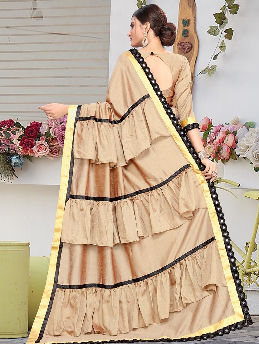 ruffle pallu beige fusion saree with blouse - 15875581 - Zoom Image - 2