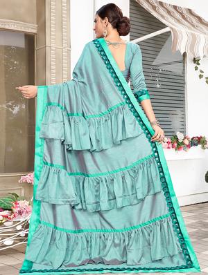 ruffle pallu turquoise fusion saree with blouse - 15875583 - Standard Image - 2