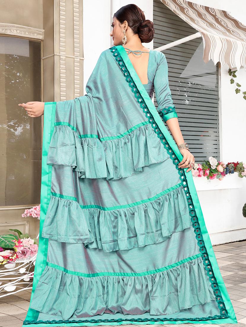 ruffle pallu turquoise fusion saree with blouse - 15875583 - Zoom Image - 2