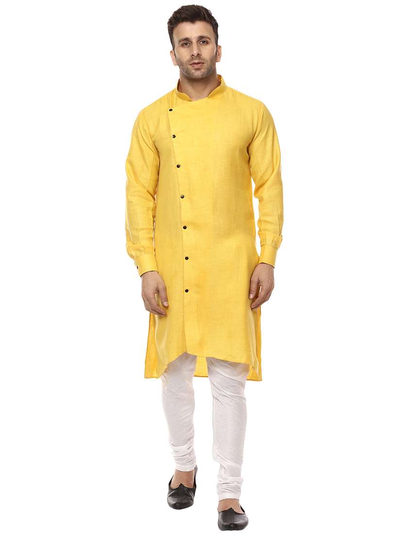 yellow khadi asymmetric kurta