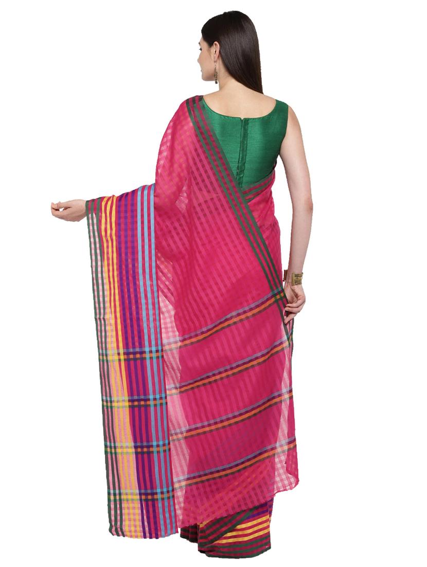 contrast striped pinmk woven saree with blouse - 15876946 - Zoom Image - 2