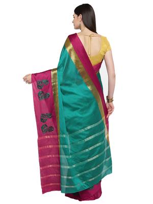 contrast zari border turquoise woven saree with blouse - 15876952 - Standard Image - 2