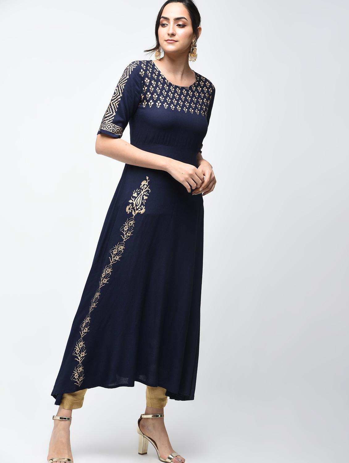 A-line block print kurta - 15879132 - Zoom Image - 2