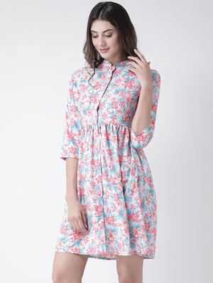 floral band collar flared dress - 15879479 - Standard Image - 2
