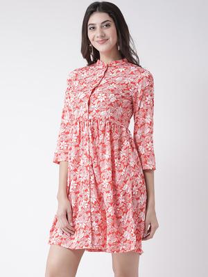 floral band collar flared dress - 15879480 - Standard Image - 2