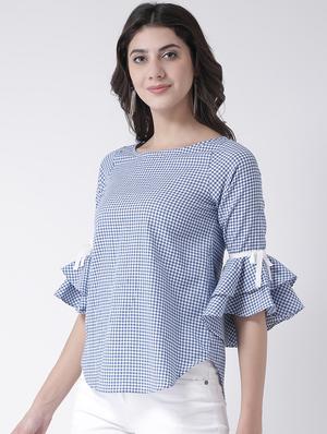 checkered bow detail bell sleeved top - 15879506 - Standard Image - 2