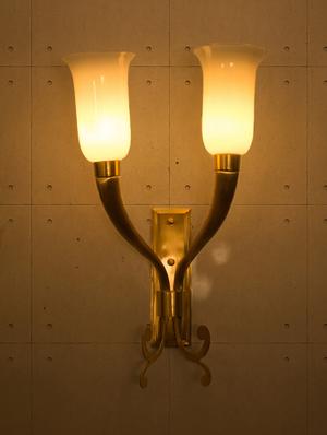 Fluted Horn Cast Brass with White Shades Double Wall Sconce - 15882750 - Standard Image - 2