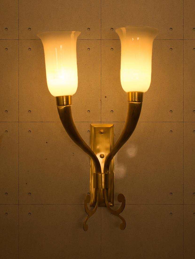 Fluted Horn Cast Brass with White Shades Double Wall Sconce - 15882750 - Zoom Image - 2