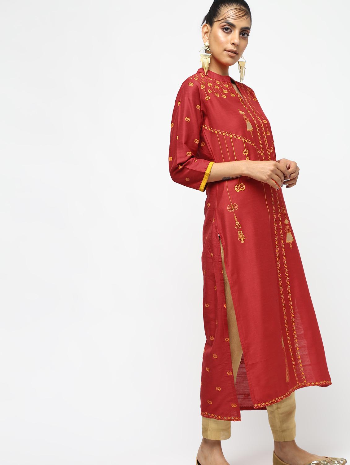 Block print silk straight kurta - 15893106 - Zoom Image - 2