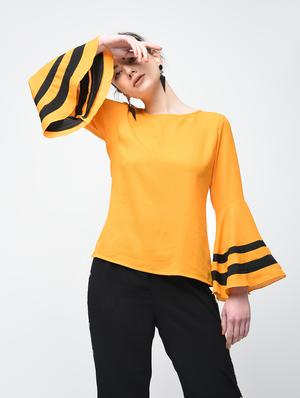 Contrast striped bell sleeved top - 15894142 - Standard Image - 2
