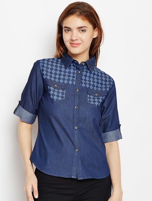 roll up sleeved check print denim shirt - 15897886 - Standard Image - 1