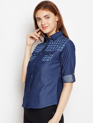 roll up sleeved check print denim shirt - 15897886 - Standard Image - 2