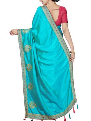 floral embroidered turquoise saree with blouse - 15898589 - Standard Image - 2