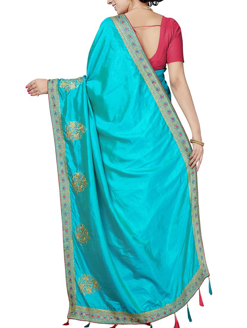 floral embroidered turquoise saree with blouse - 15898589 - Zoom Image - 2