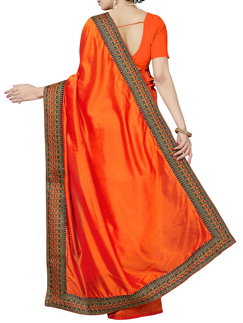 embroidered border orange saree with blouse - 15898597 - Zoom Image - 2