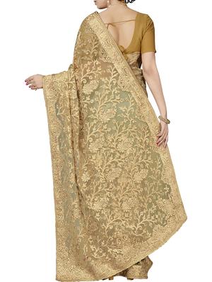 floral embroidered beige saree with blouse - 15898601 - Standard Image - 2