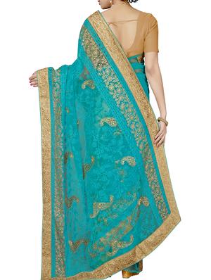 paisley embroidered turquoise saree with blouse - 15898602 - Standard Image - 2