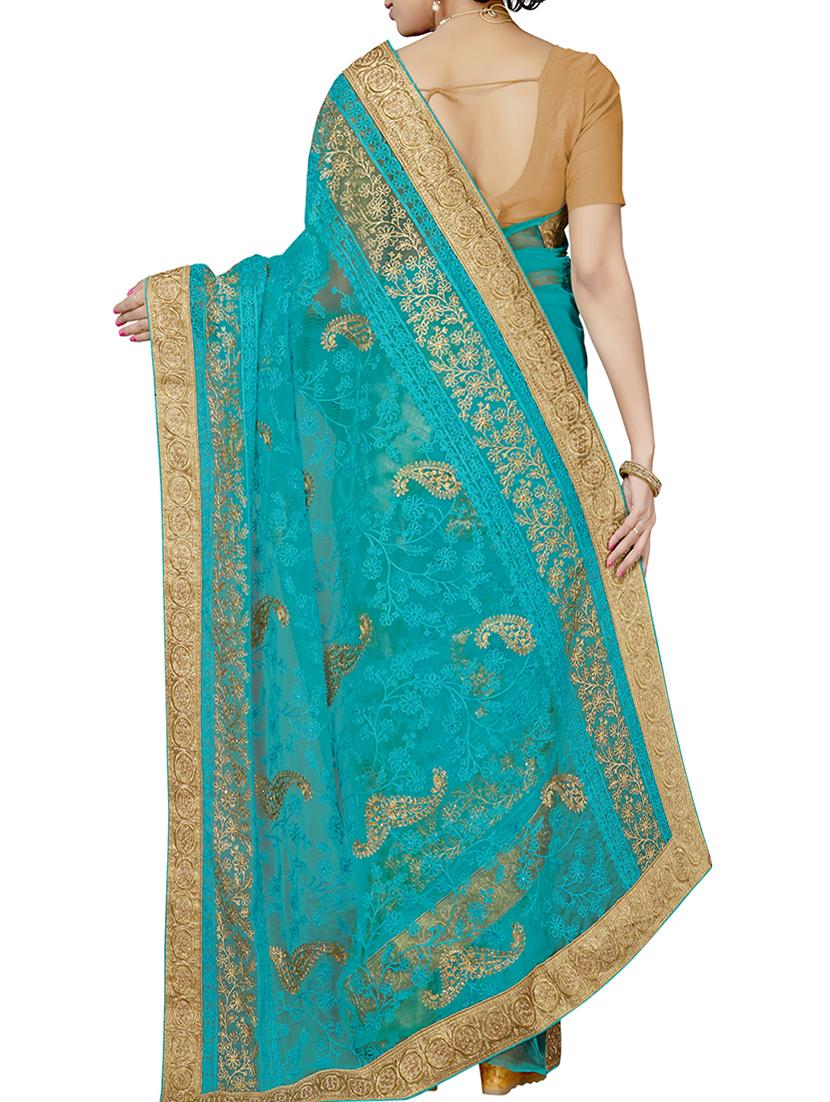 paisley embroidered turquoise saree with blouse - 15898602 - Zoom Image - 2