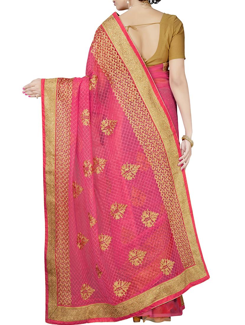 resham embroidered pink saree with blouse - 15898603 - Zoom Image - 2