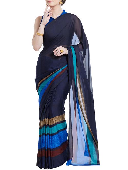 striped printed saree with blouse - 15899911 - Very Small Image - 1