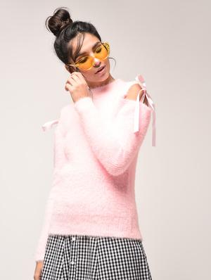 cold shoulder bow detail fur pullover - 15900895 - Standard Image - 2
