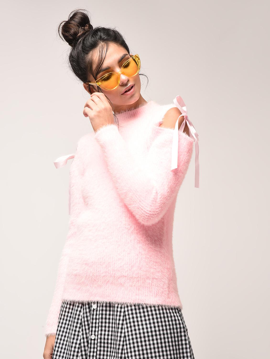 cold shoulder bow detail fur pullover - 15900895 - Zoom Image - 2