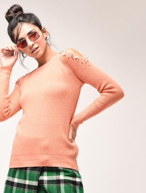 cold shoulder pearl embellished pullover - 15900918 - Standard Image - 2