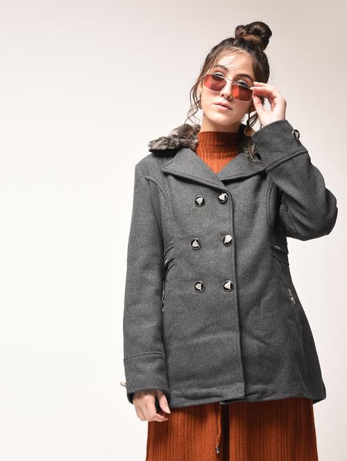 fur collar double breasted coat - 15900956 - Standard Image - 1